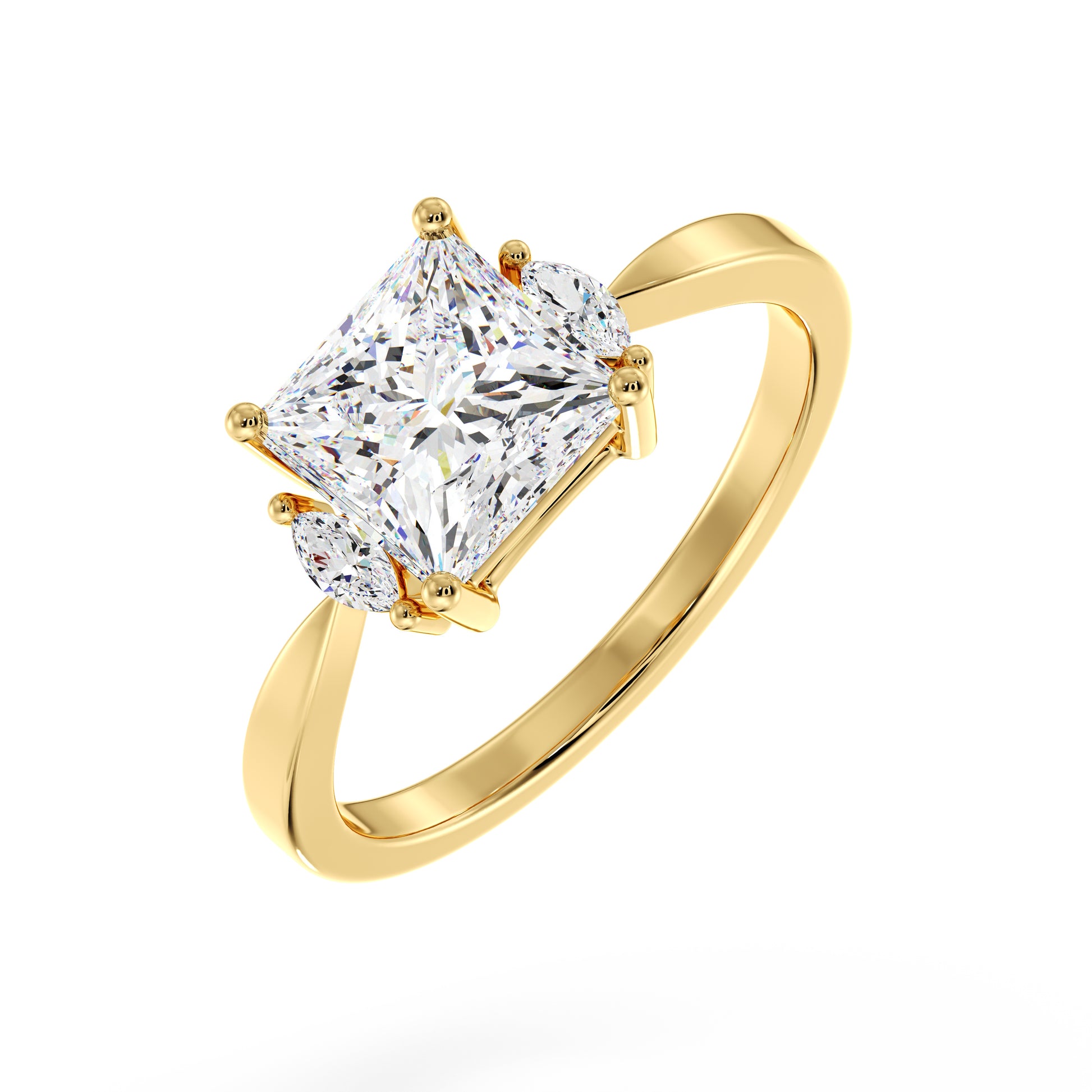 Gold ring with a princess large diamond ring on a white background