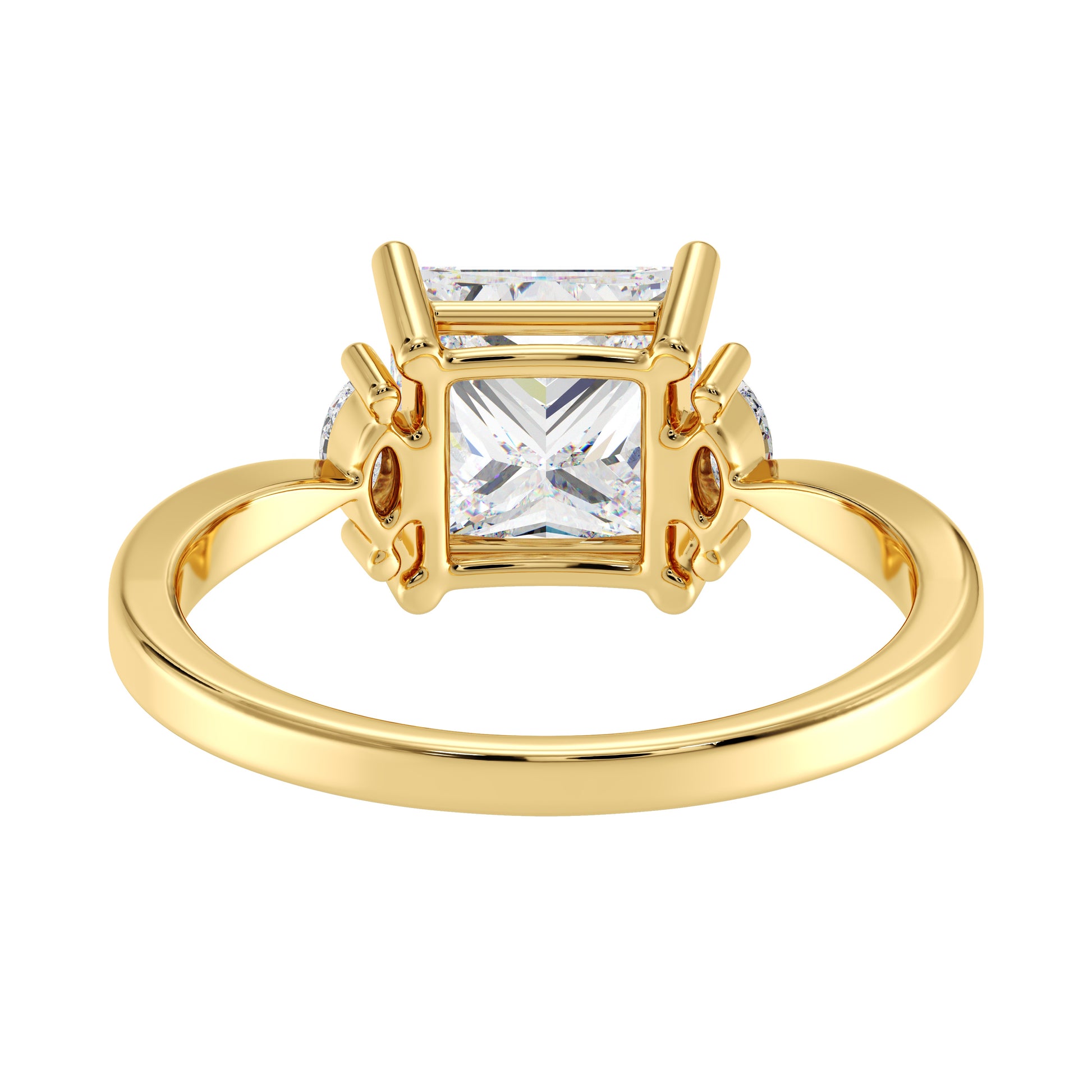 Gold ring with a square princess cut diamond on a white background