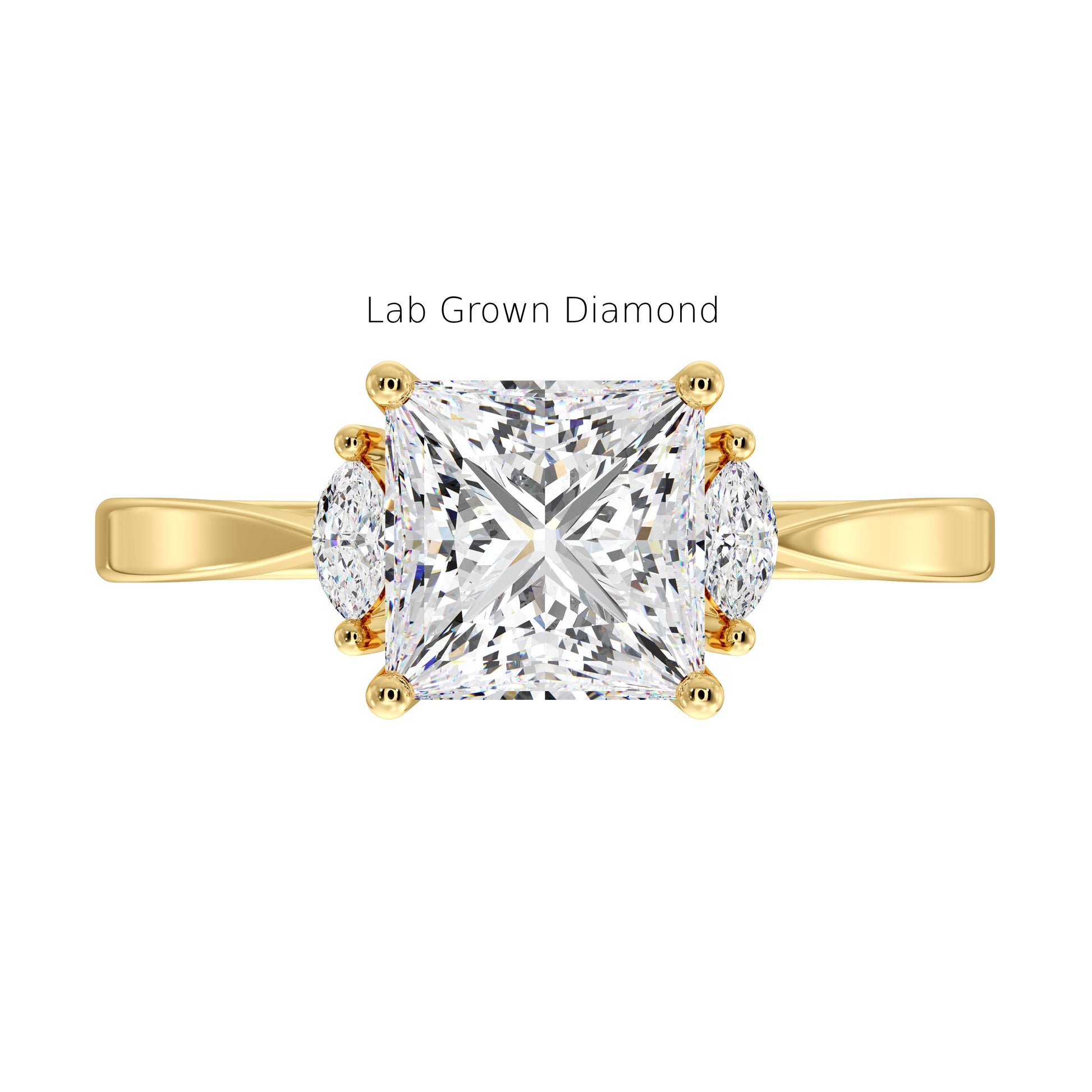 Gold ring with a lab-grown princess diamond marquise side assents on a white background