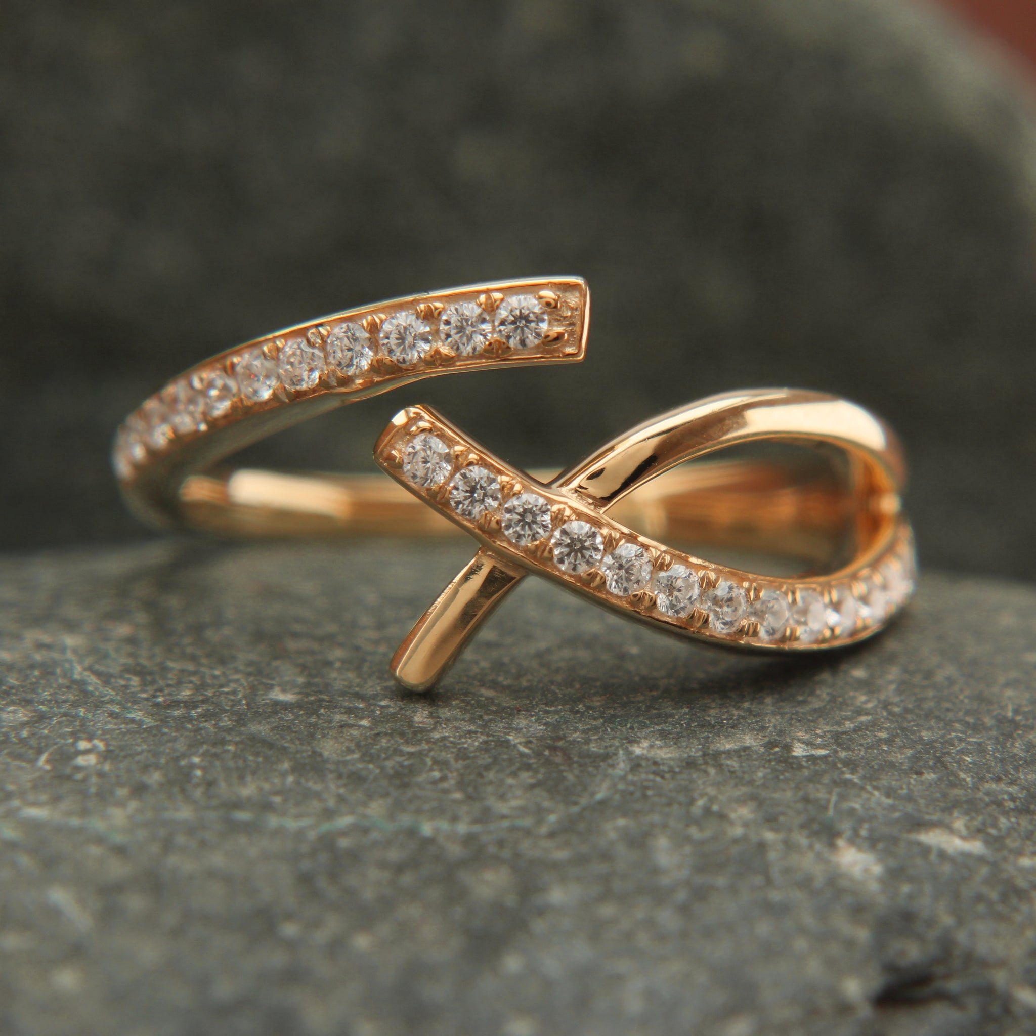 Handmade Diamond Crossover Ring in Recycled Gold, Natural Diamond Micropavé Ring
