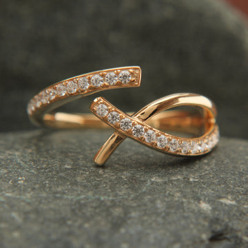 Handmade Diamond Crossover Ring in Recycled Gold, Natural Diamond Micropavé Ring
