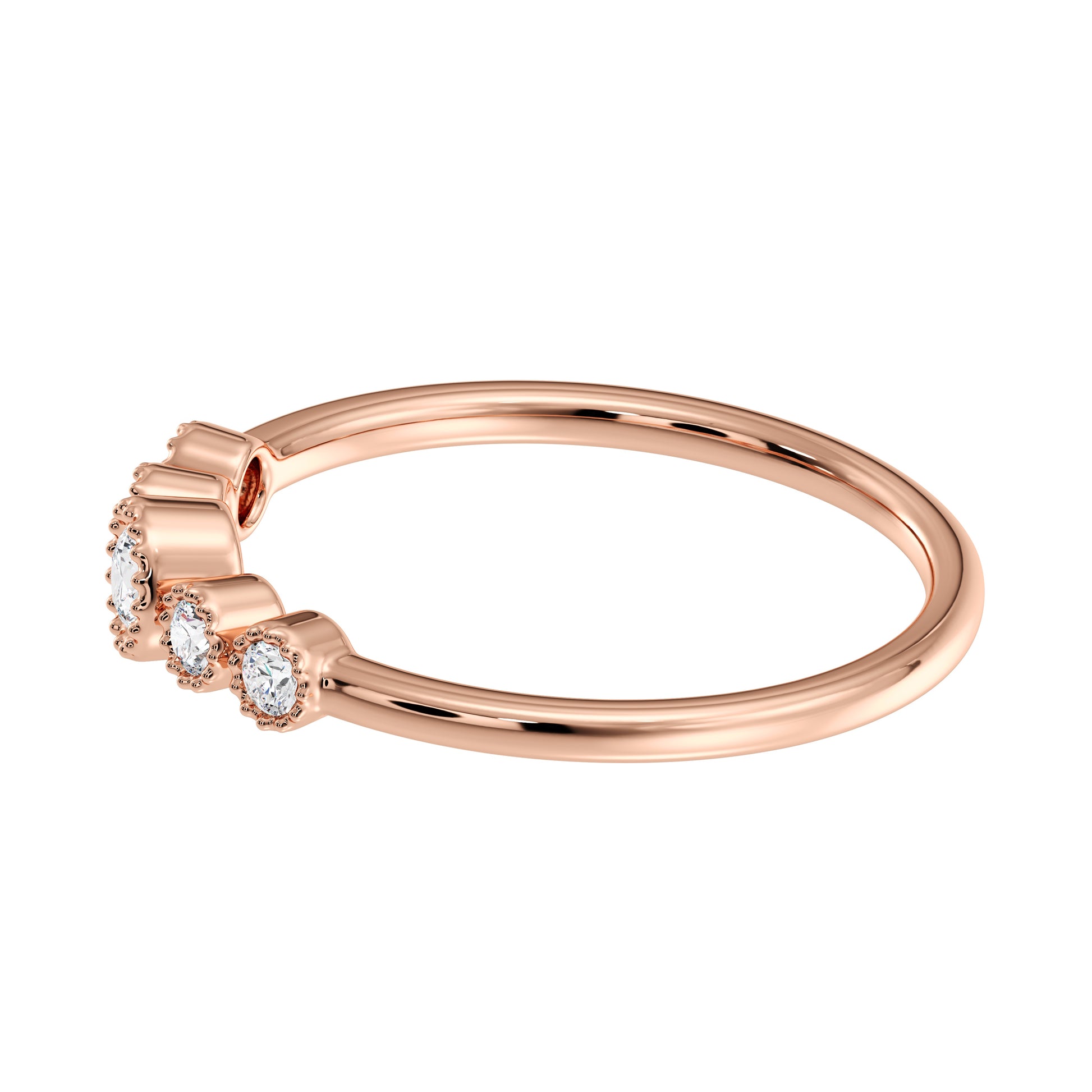 Rose gold ring with small round lab diamonds on a white background