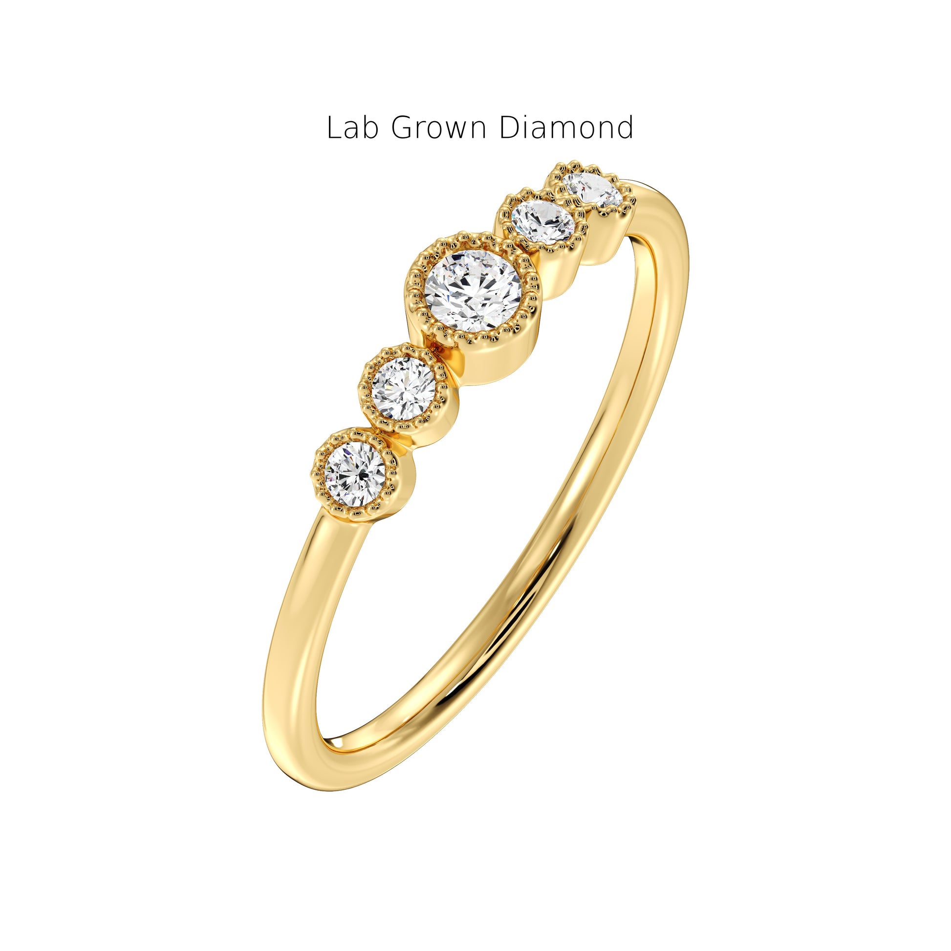Gold ring with bezel set lab-grown diamonds on a white background