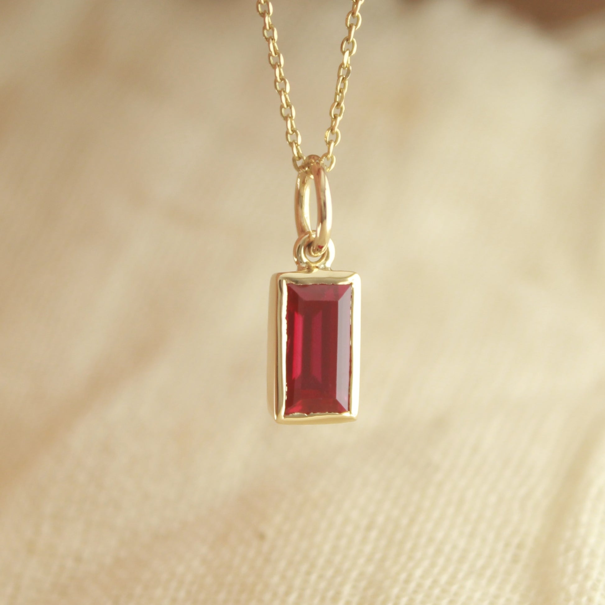 Emerald Cut Ruby Pendant in Gold – Minimalist Necklace for Women,
Lab Ruby Emerald Pendant Necklace – Elegant Gold Bezel Charm,