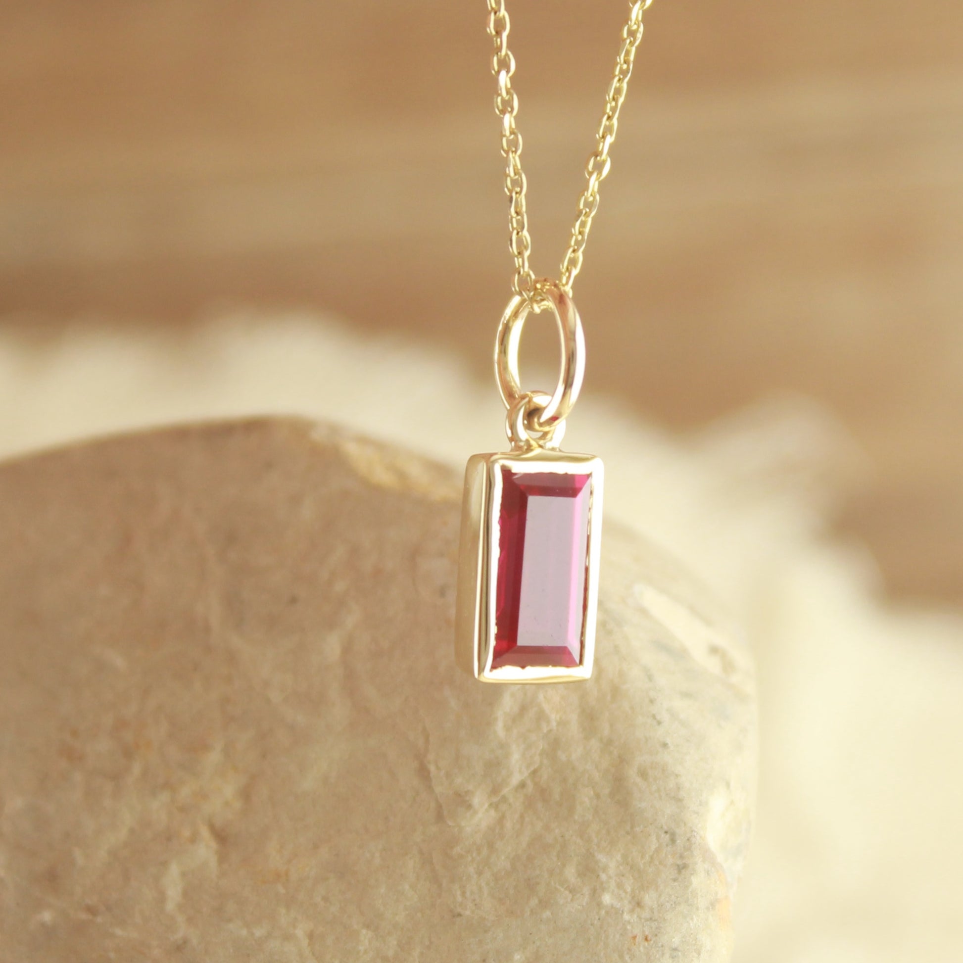 Elegant Ruby Necklace for Women – Emerald Cut Lab Gem in Gold,
Minimalist July Birthstone Necklace – Ruby Charm in Gold Bezel,