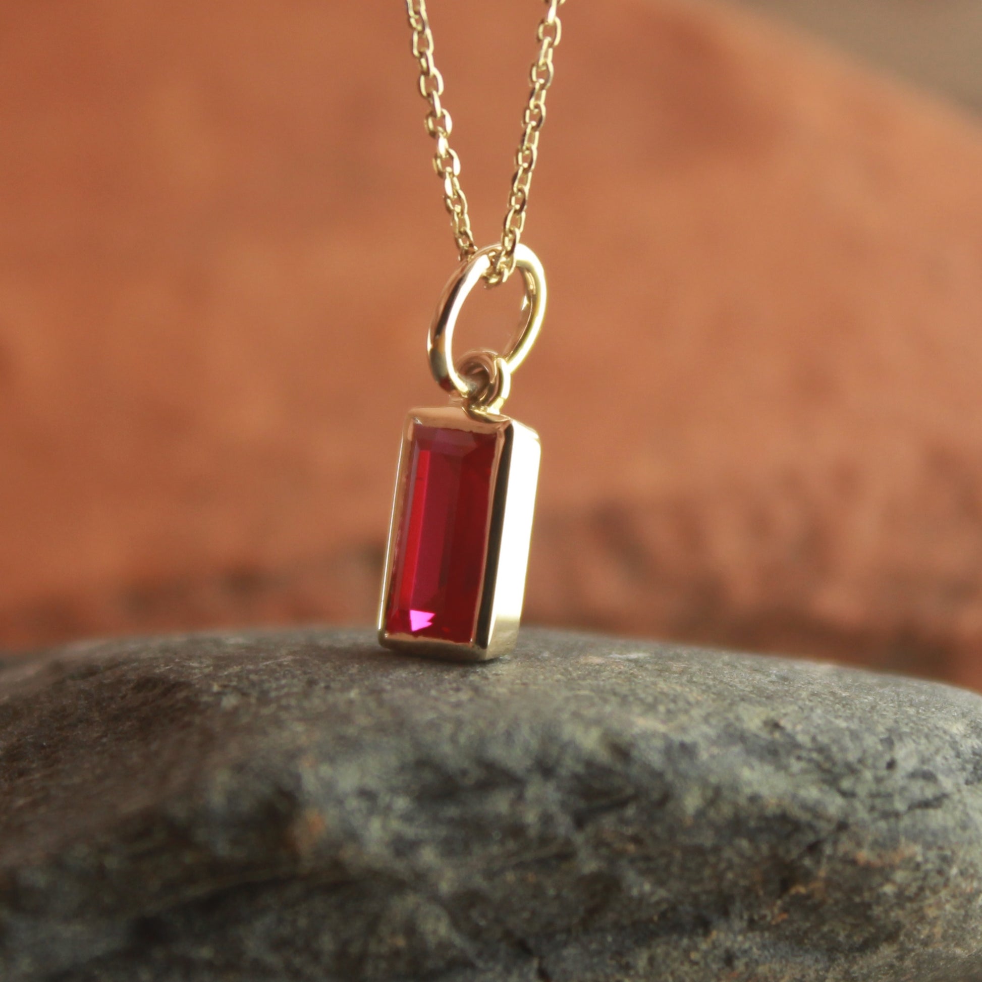 Ruby Pendant Necklace for Her – Emerald Cut Lab Created Stone,
Classic Gold Pendant with Ruby – Bezel Set Emerald Cut Necklace,
Gold Necklace with Ruby – Emerald Cut Minimalist Pendant,