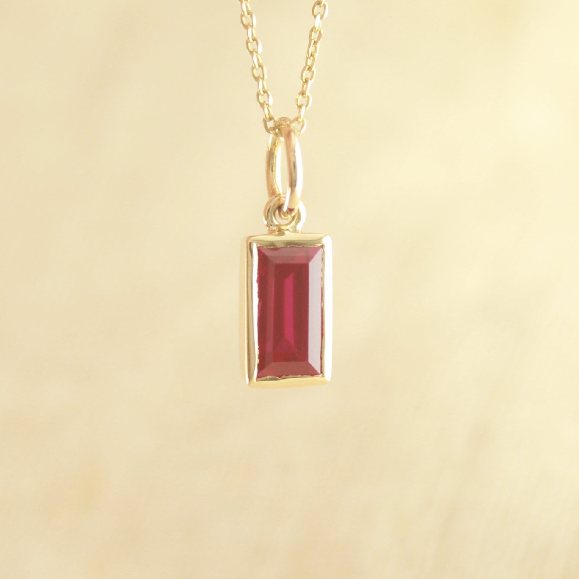 Minimalist Gold Necklace with Emerald Cut Ruby – Handmade Jewelry,
Emerald Ruby Charm Necklace – Bezel Set Pendant for Daily Wear,