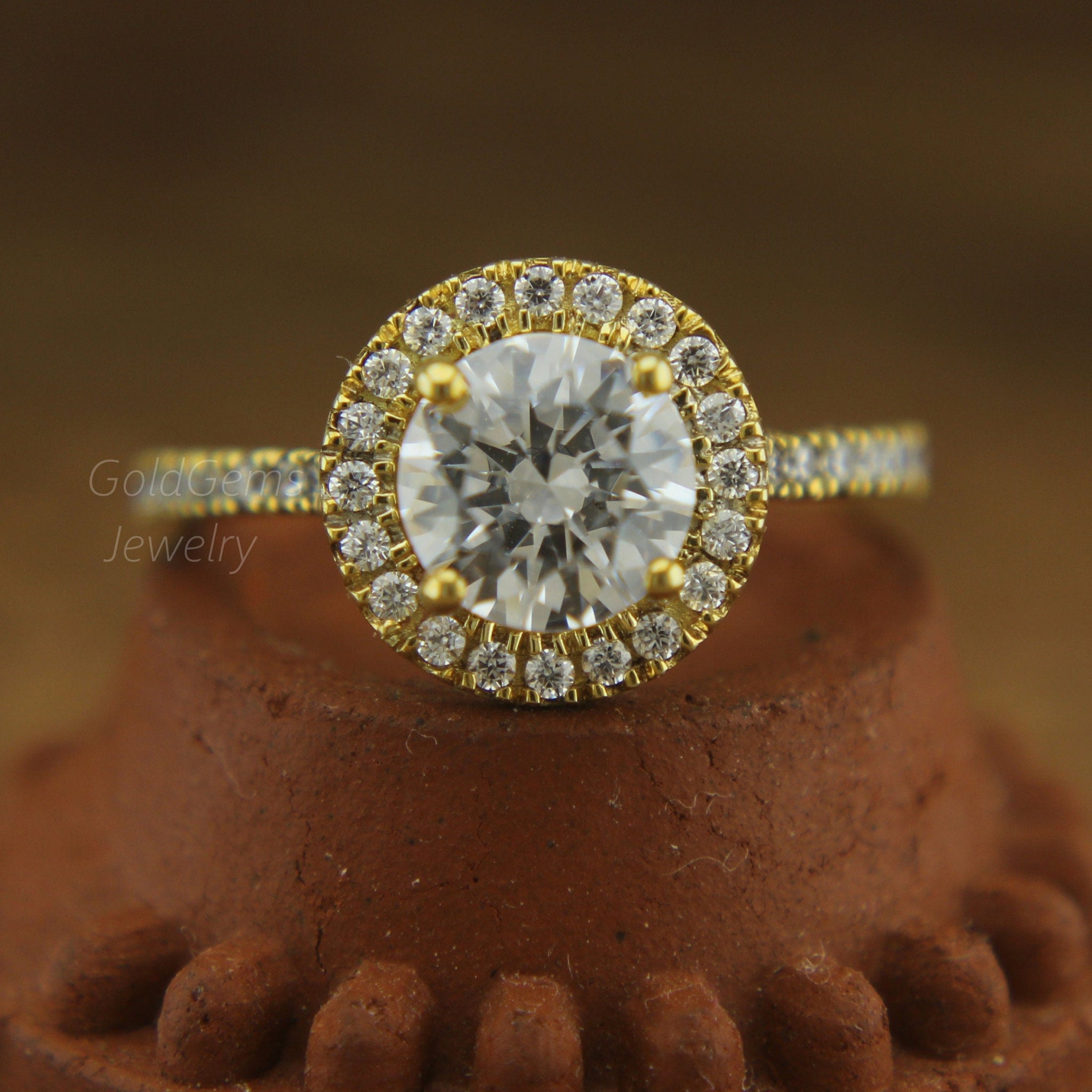 moissanite ring, halo engagement ring, solid gold