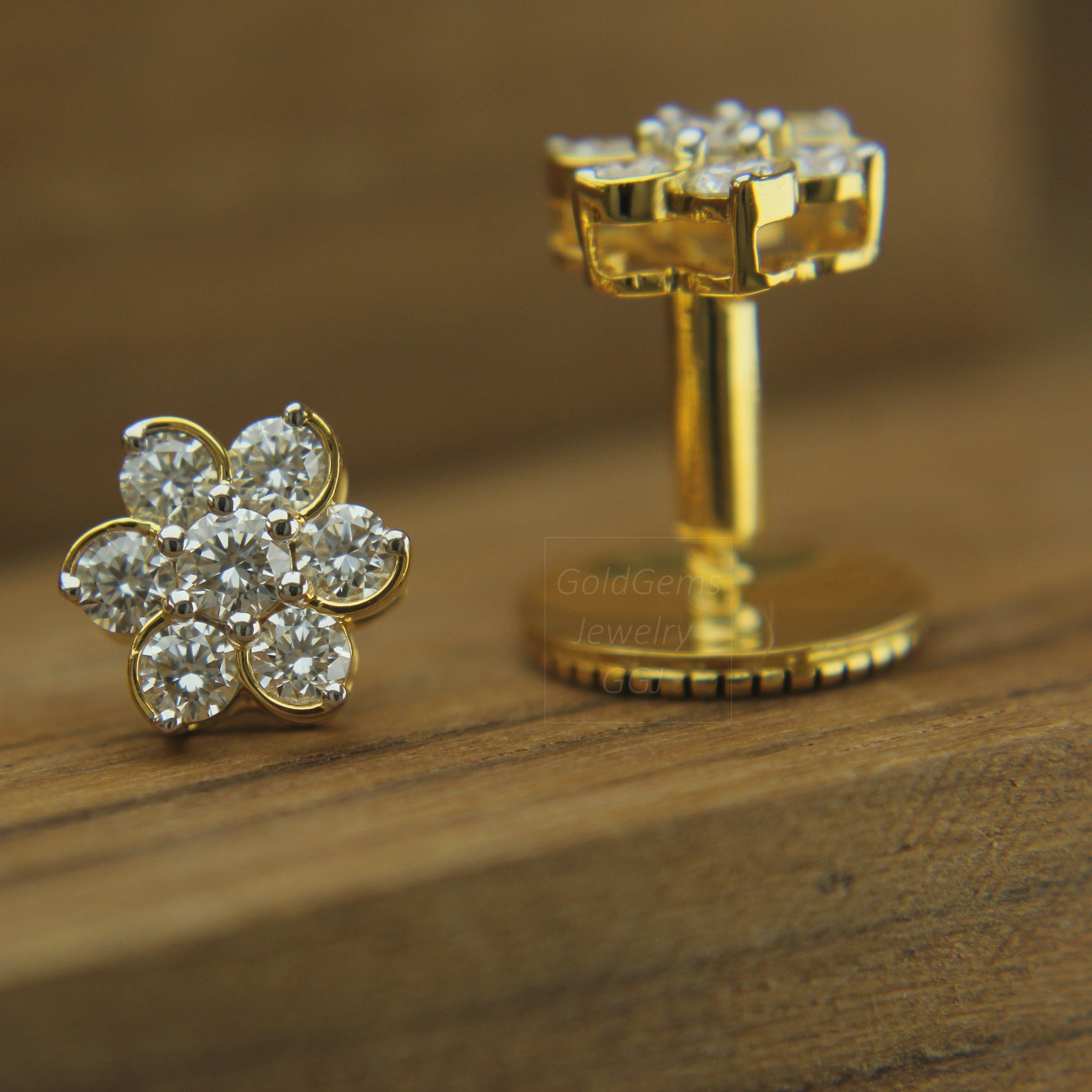 Flat back Moissanite Earrings, Internally Threaded Moissanite Earrings, women Wedding Anniversary Earrings, 14K Solid Gold Studs - E6RD M