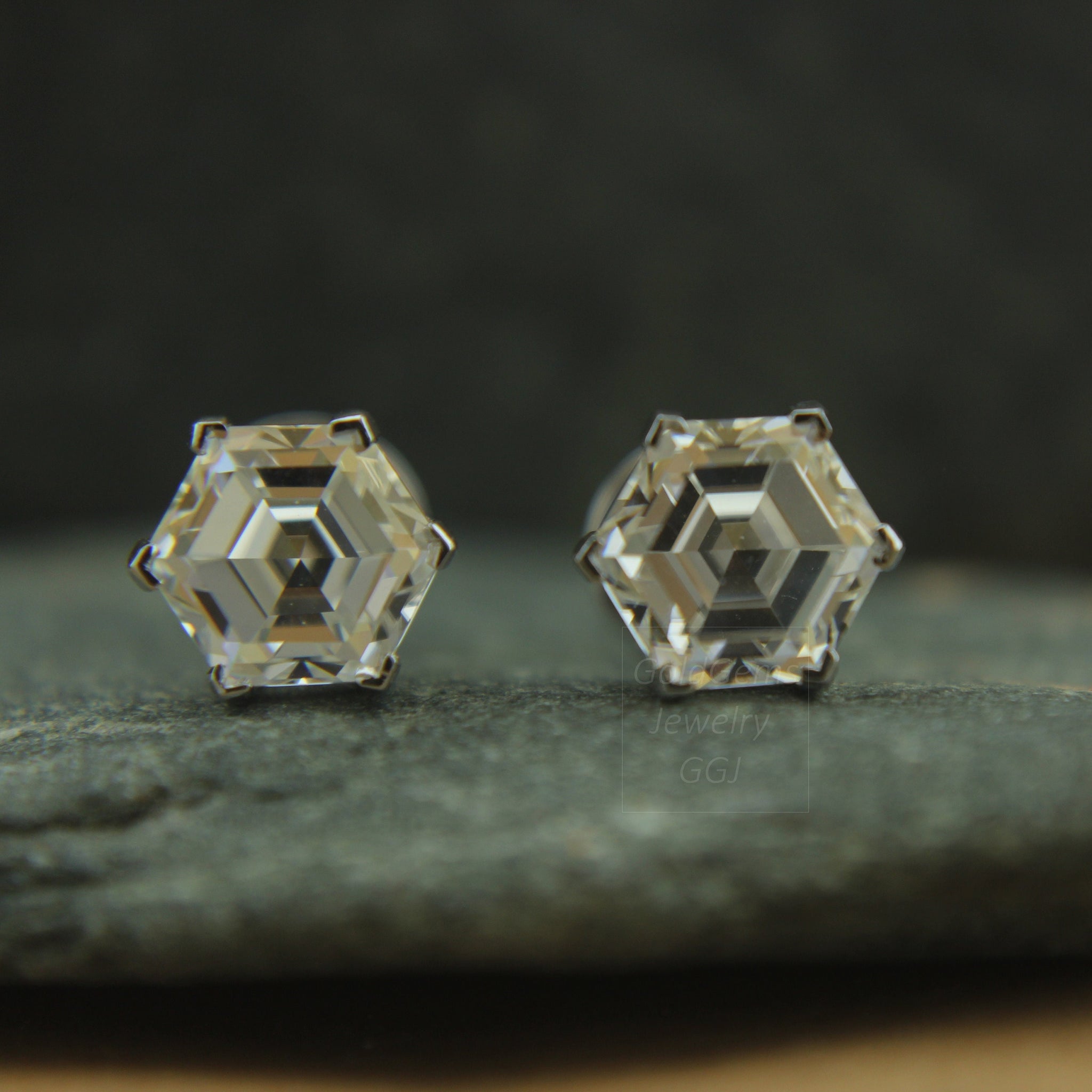 Custom Hexagon Moissanite Stud Earrings in 10K 14K 18K Gold, Unique Sparkle, Perfect Birthday Gift