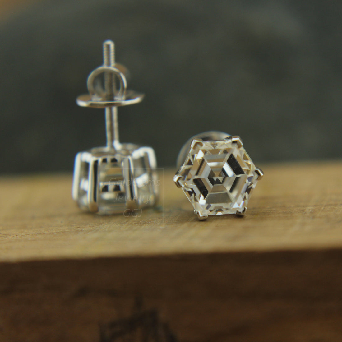Custom Hexagon Moissanite Stud Earrings in 10K 14K 18K Gold, Unique Sparkle, Perfect Birthday Gift