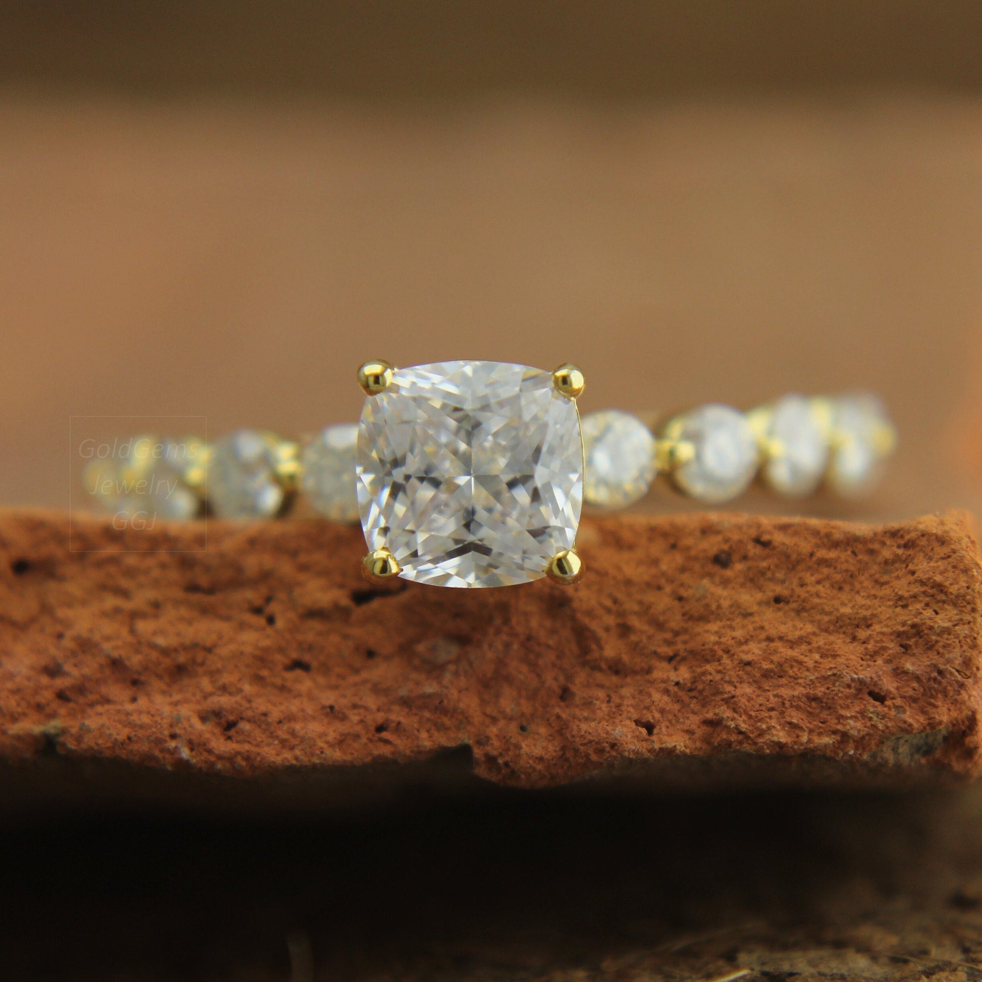 Cushion Moissanite Engagement Ring, Moissanite Bridal Ring in 14K Gold, 
